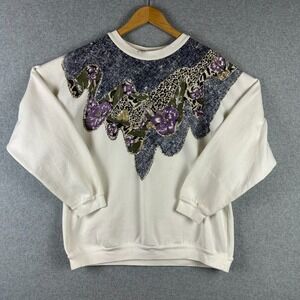 Vintage Black Glitter Leopard Denim Floral Sweatshirt 80s 90s Tee Dee's Size L‎